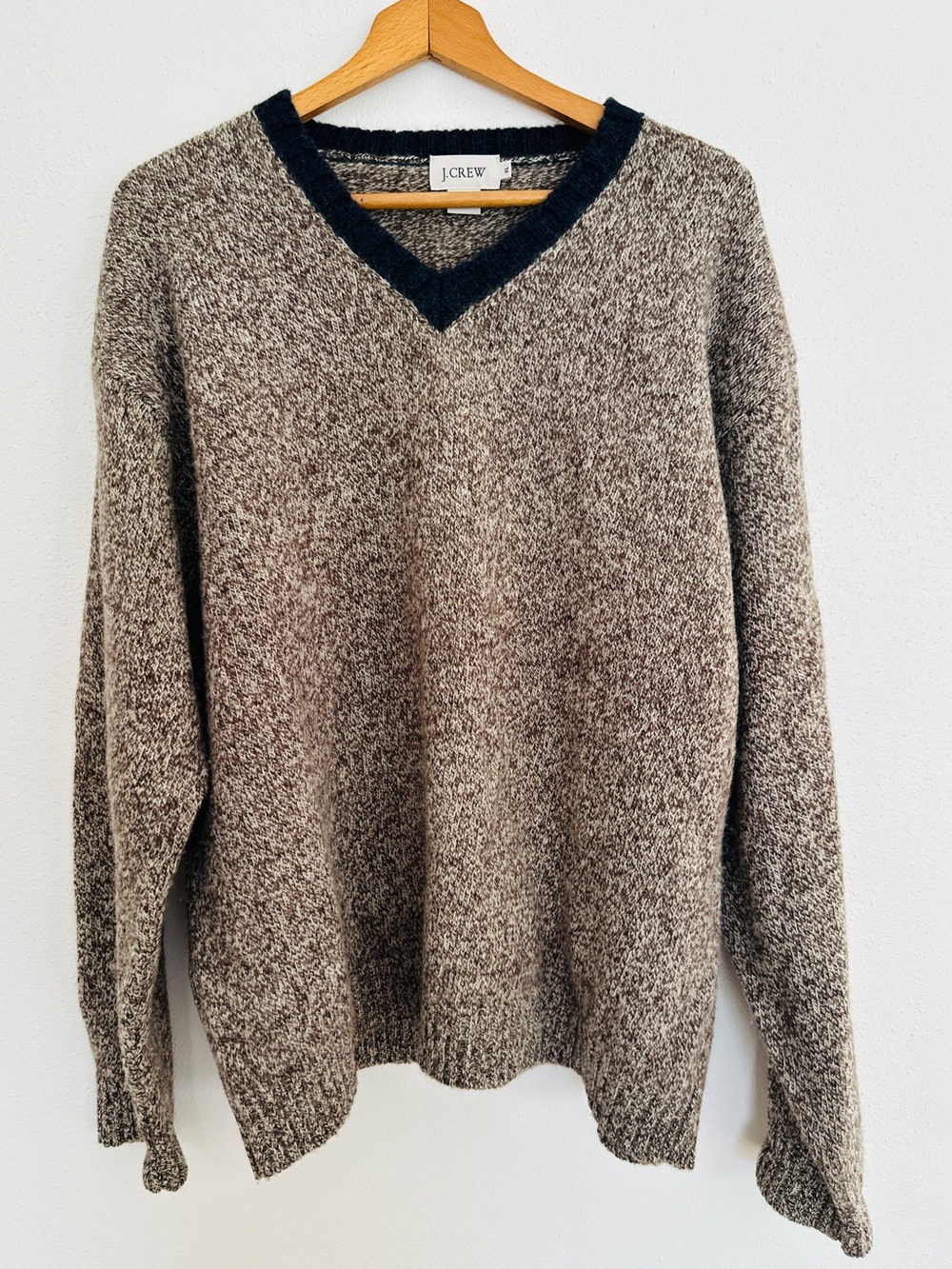 J.Crew Mens XL Shetland Wool V-Neck Sweater Marled Brown Contrast Trim Flawless
